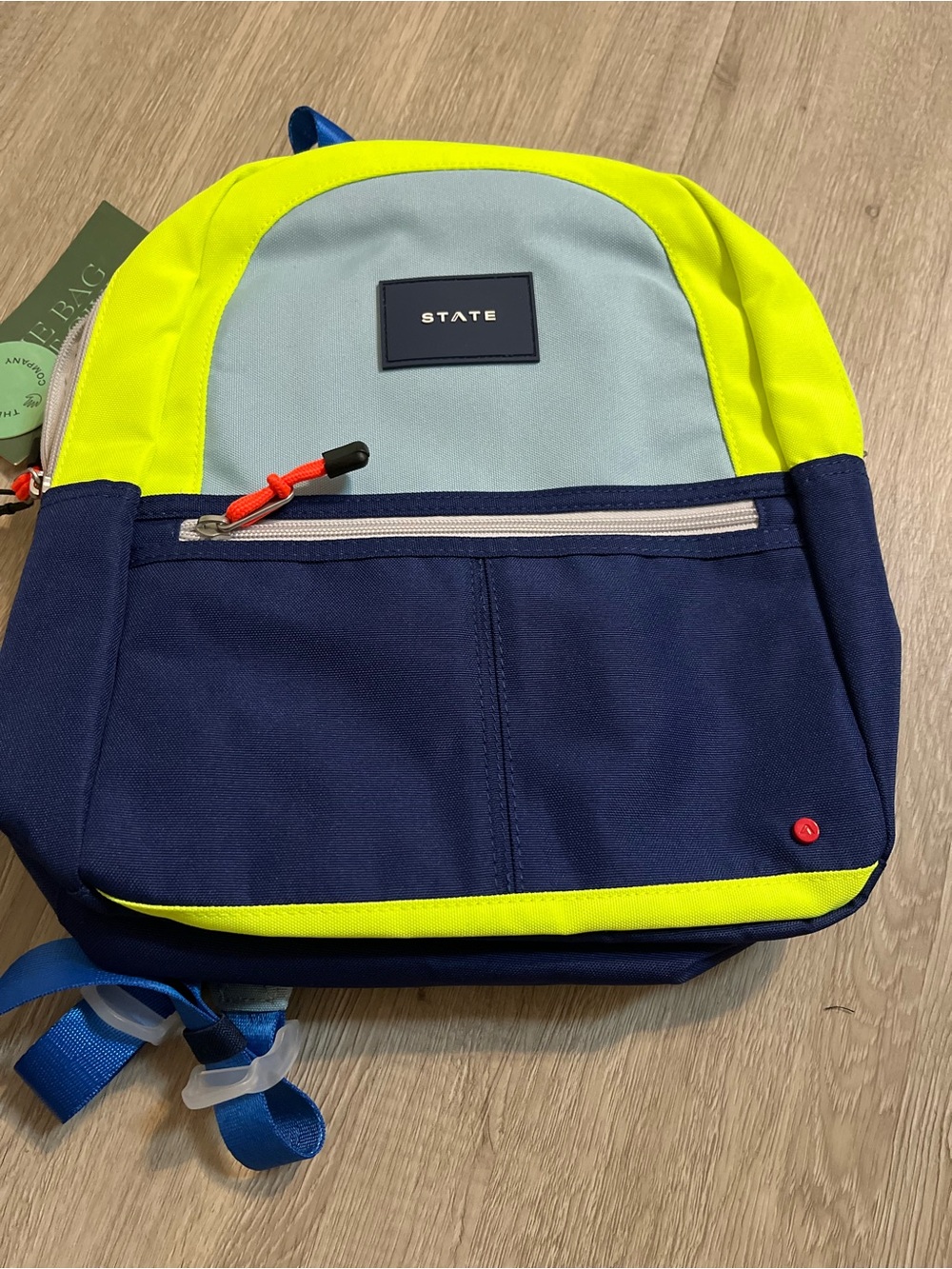 STATE Neon Yellow Tote with White Logo Lining & inside water bottle pocket